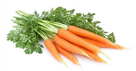 Vibrant cluster of orange carrots with greens set against a plain white background for full impact : Generative AI