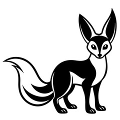 a black and white drawing of a fox with big ears and a bushy tail, standing elegantly, representing an artistic expression, vector illustration