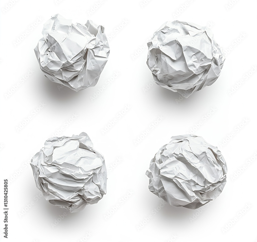 Poster crumpled white paper balls collection on bright background for creative uses : generative ai