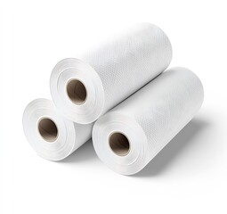 Fototapeta premium Three rolls of clean white paper towel stacked on a bright surface for household use : Generative AI