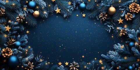 Festive holiday background with pine branches ornaments and golden decorations on deep blue backdrop : Generative AI