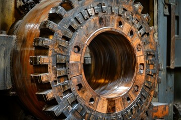 Fototapeta premium Close-Up View of Large Industrial Gear Wheel in Metalworking Machining Process with Oil