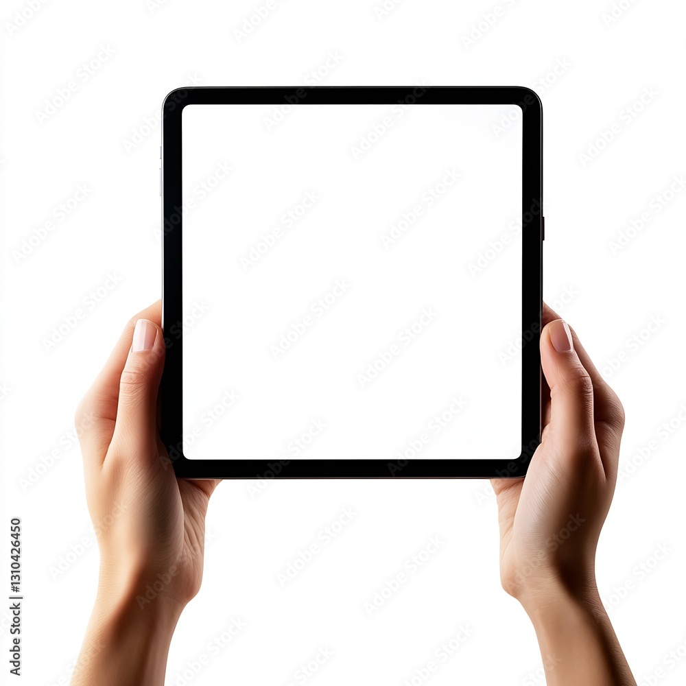 Poster person holding a pristine digital tablet with a clear empty screen perfect for custom graphics or me
