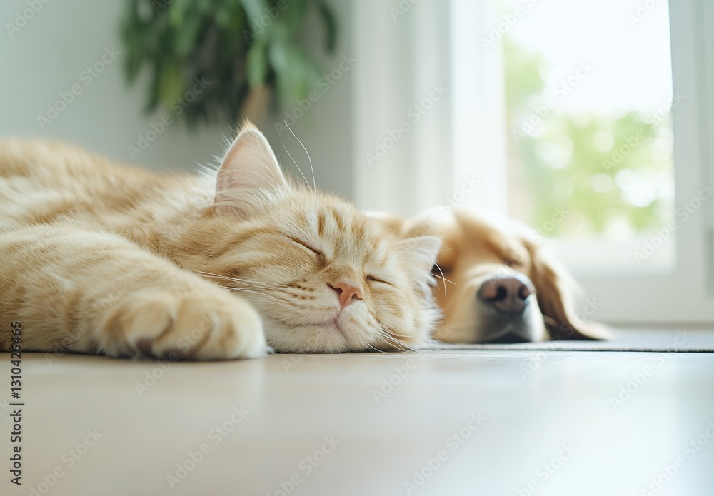 Poster charming ginger cat and golden retriever dog napping side by side on a sunlit floor in a bright room