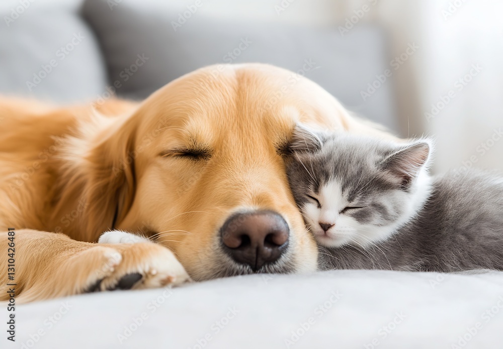 Poster golden retriever and grey kitten cuddling and sleeping together on a soft couch : generative ai