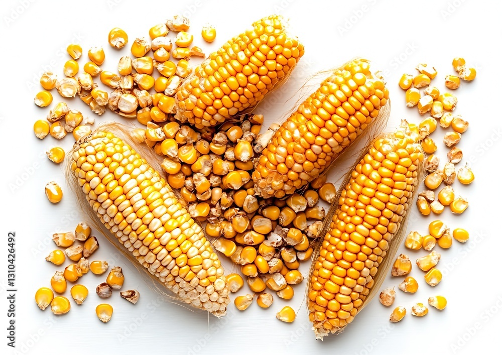 Aufkleber variety of yellow corn ears and kernels arranged beautifully on a bright white surface for presentat