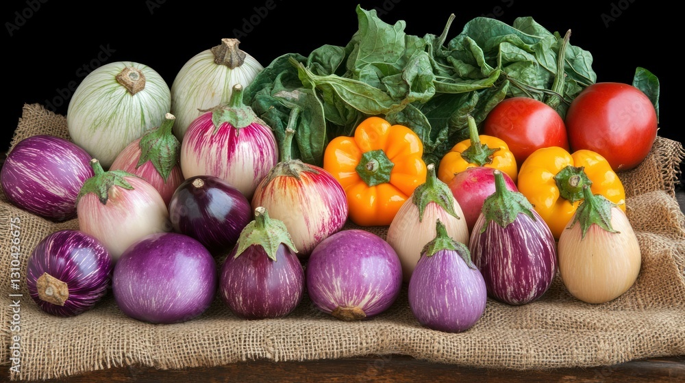 Poster fresh variety of colorful vegetables displayed on a rustic table with dark background