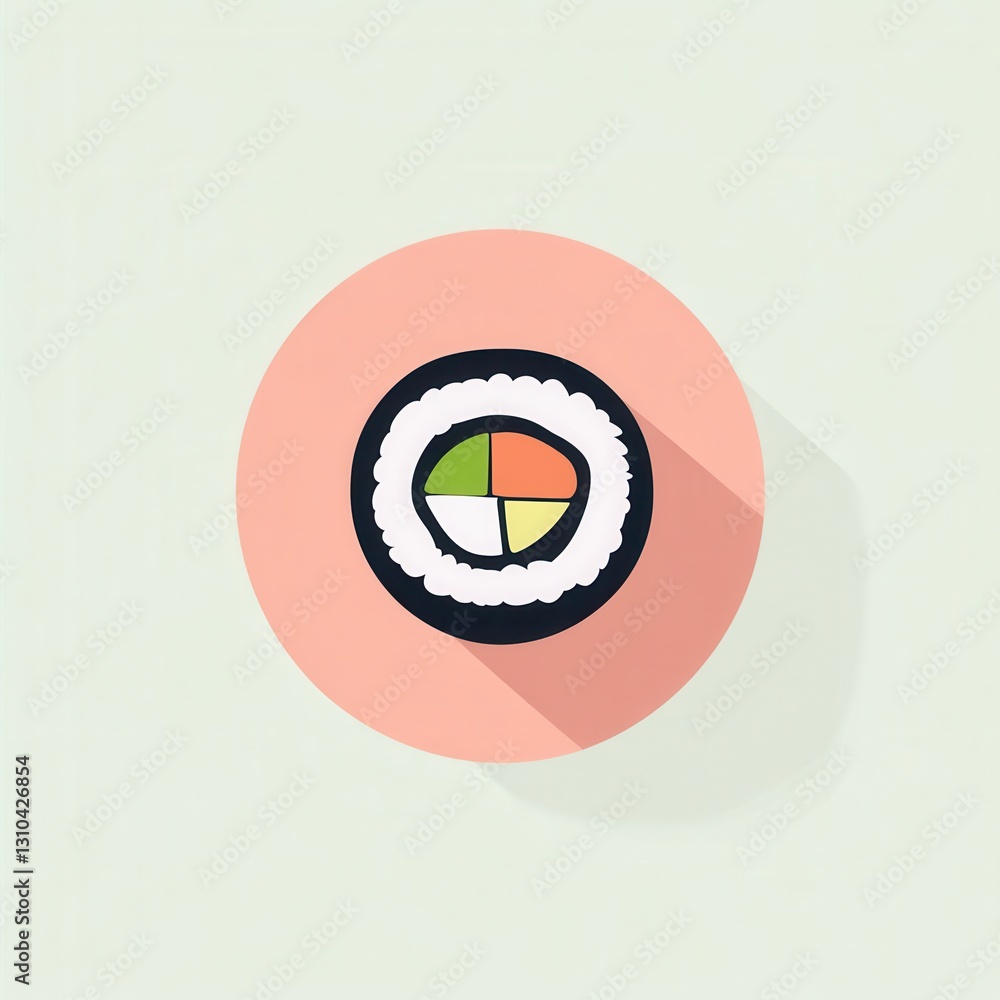 Poster flat sushi roll icon featuring pastel colors representing japanese cuisine in a minimal design suita