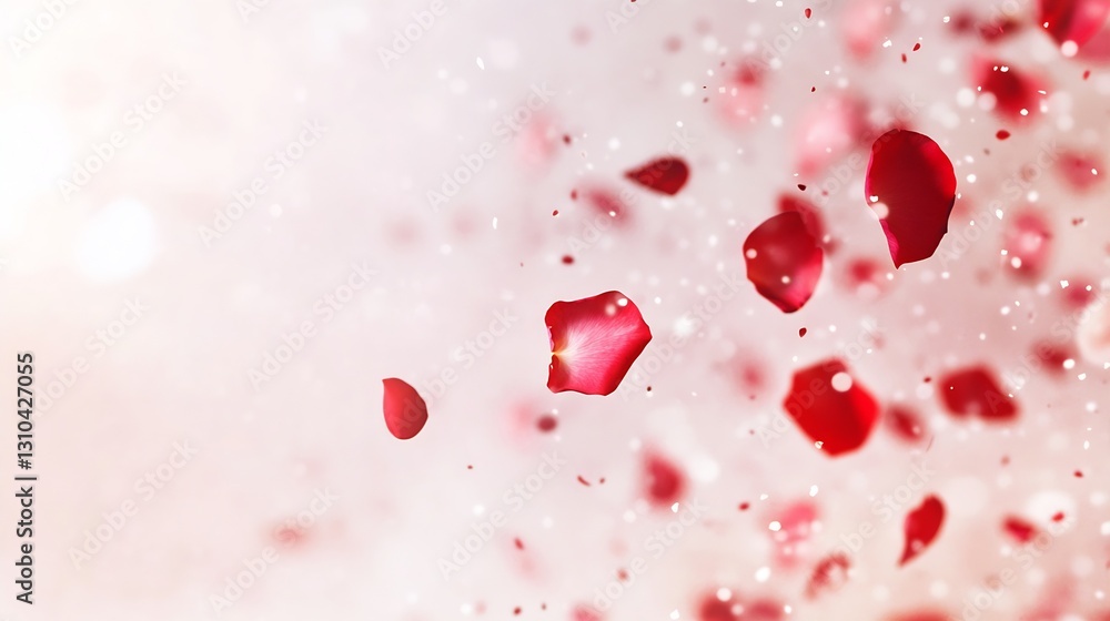 Poster dynamic scattering of delicate red rose petals in a soft dreamy light background for romantic design