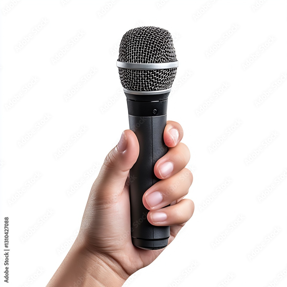 Poster close shot of a hand holding a black microphone with a wire on a white backdrop : generative ai