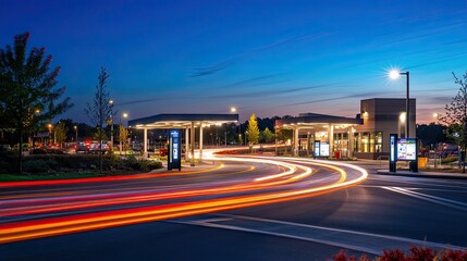 Modern Urban Landscape at Night with Light Trails and Sky Views