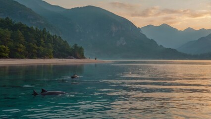 A breathtaking anime-style scene of A serene mountain landscape at dawn, with mist floating low over a calm lake surrounded by tall pine trees. The sun's first light gently illuminates the mist, creat
