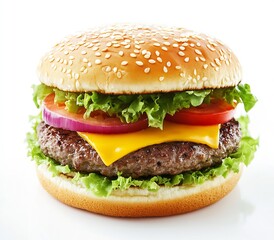 Classic juicy hamburger with fresh vegetables and cheese on a sesame seed bun : Generative AI