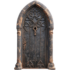 A gothic iron door with intricate carvings and a rusted keyhole, isolated on transparent background. © PerfectPNGs
