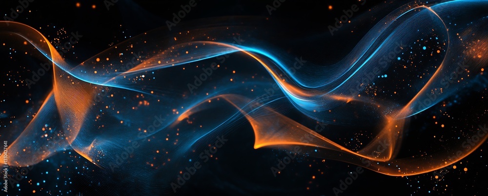 Poster Dynamic abstract waves of energy flowing in orange and blue against a dark background : Generative AI