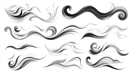 Abstract decorative ink brush strokes, swirls and waves, graphic design elements for background or texture