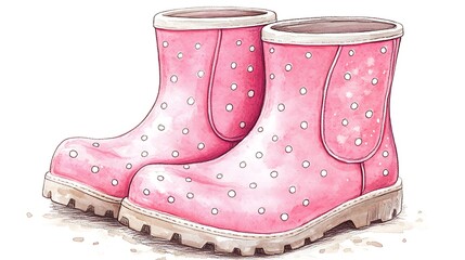 Pink polka dot rain boots on ground