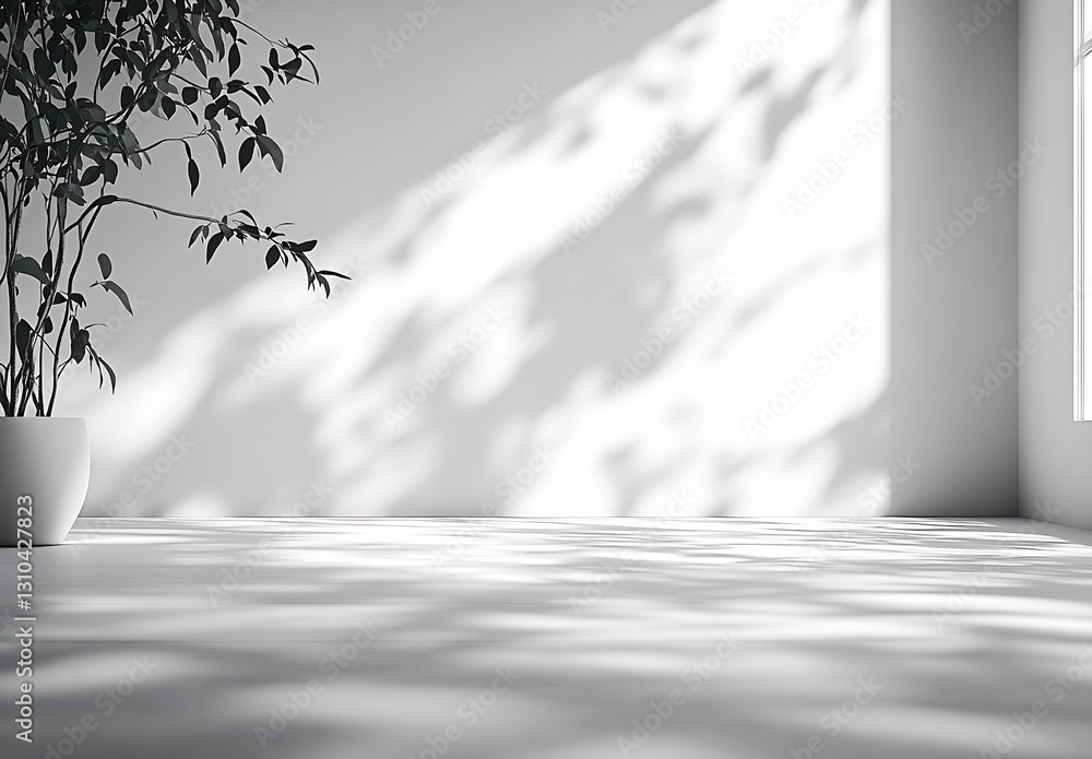 Poster minimalistic interior scene featuring a potted plant casting delicate shadows on a smooth white floo