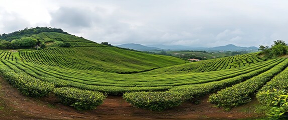 Obraz premium Expansive view of verdant tea plantation hills with rows of green bushes in a picturesque landscape under cloudy sky : Generative AI