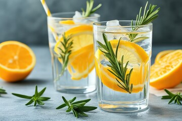 Refreshing Glasses of Lemon Rosemary Infused Water Garnished with Fresh Herbs and Slices of Citrus on a Clean Surface, Perfect for Summer Hydration