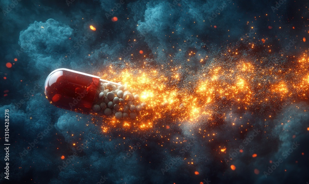 Poster exploding capsule with colorful particles against a dramatic blue and orange background