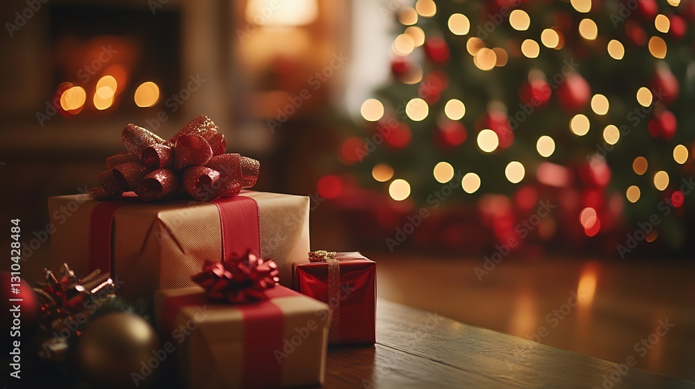 Poster Charming array of assorted Christmas gift boxes with bows illuminated by soft glowing lights : Generative AI