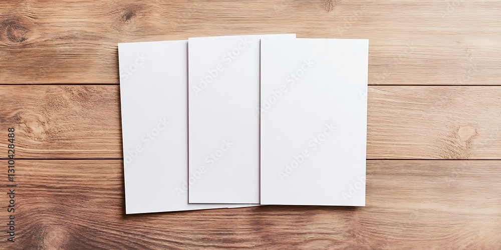 Poster three blank sheets of white paper on a rustic wooden surface ideal for artistic presentations : gene