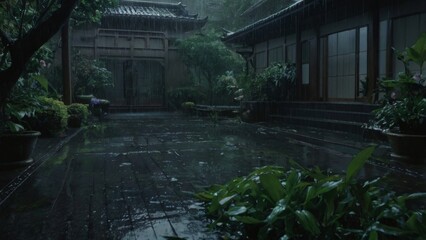 Garden in Rainstorm: An anime garden soaked in a heavy rainstorm, with large raindrops hitting the leaves and petals. The scene is dark, with a moody ambient atmosphere. The garden paths are slick wit