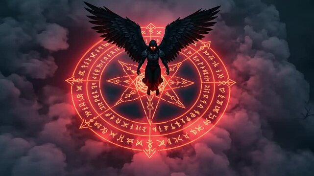 Angel with black wings stands in red pentagram. Dark fantasy concept for book covers, posters, or Gothicthemed designs. Suitable for Halloween promotions.