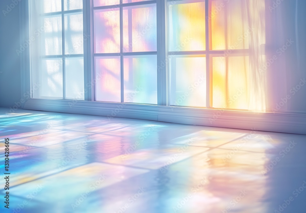 Poster bright indoor scene with colorful light reflections dancing on a polished floor from glass windows :