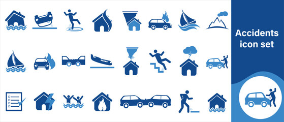 Accident icon set, family, money, people, medicine, business, vector, car, vehicle, pictogram, accident, house, damage, fire, ship, sign, insurance, risk, image, health and more
