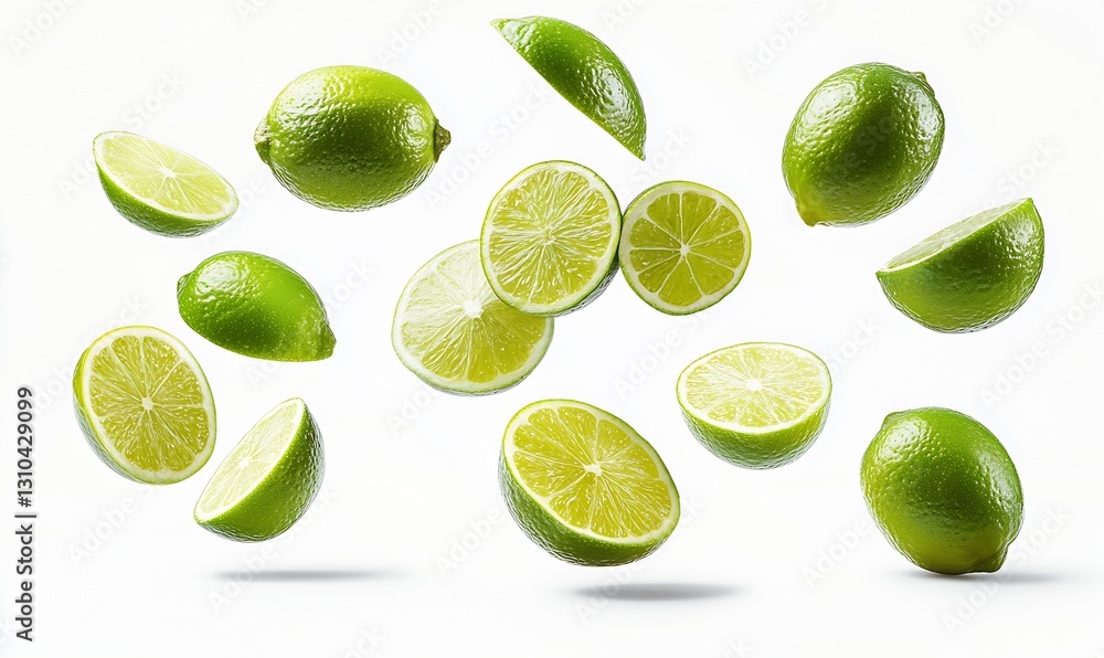 Aufkleber Dynamic Composition of Floating Limes and Lemon Halves on a Clean White Background : Generative AI
