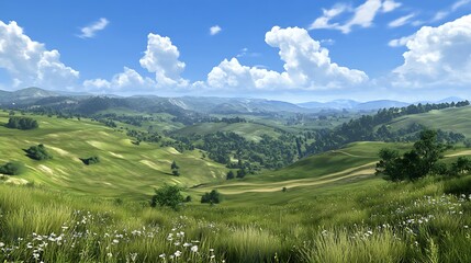 Obraz premium Sunny valley landscape with rolling hills