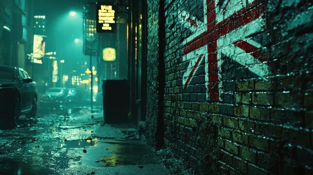 Urban street at night featuring a British flag mural on a wet brick wall in a neon-lit cityscape - Powered by Adobe