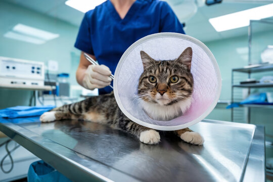Cat in plastic conus on steel table at veterinary clinic