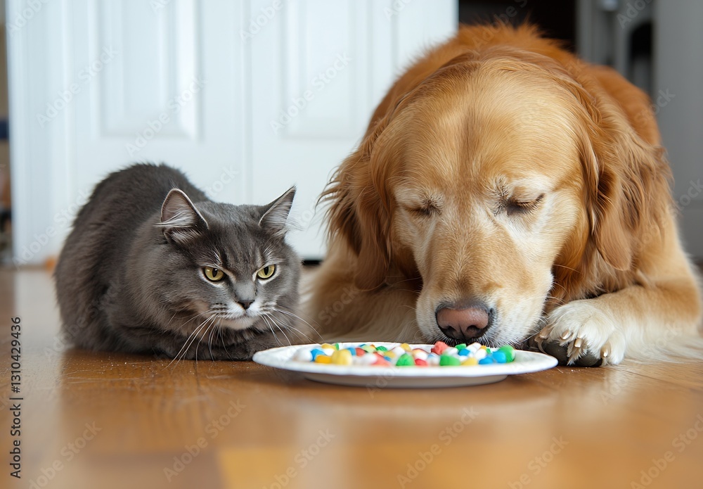 Poster golden retriever and gray cat eagerly eyeing colorful treats on a plate in a cozy home setting : gen