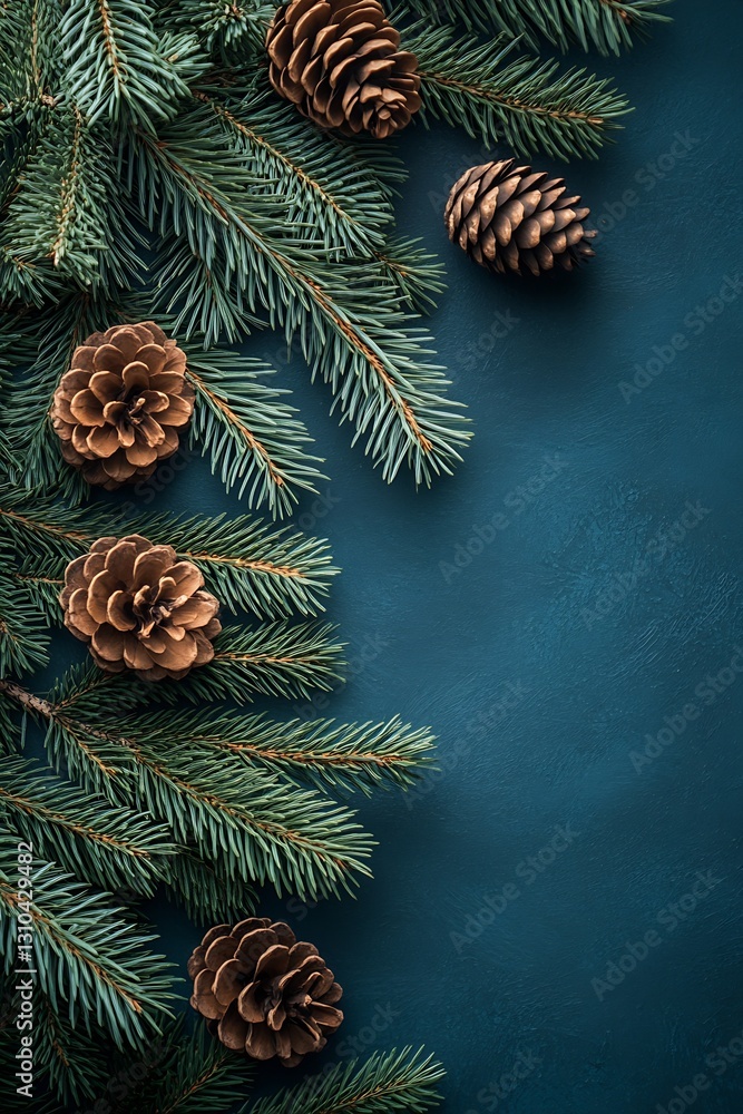 Poster Pine Cones and Fresh Green Pine Branches on Dark Blue Background Creating a Rustic and Festive Atmosphere : Generative AI