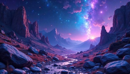 Celestial landscape with holographic tendrils of purple and blue energy enveloping ancient, weathered stones, energy, celestial, purple