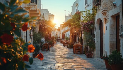 Fototapeta premium Charming cobblestone street at sunset with outdoor cafes and blooming flowers in Greece