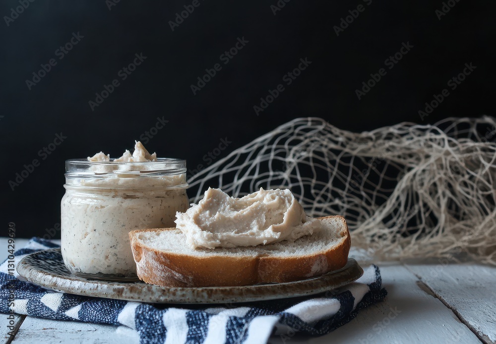 Poster creamy spread in a jar alongside a slice of bread with a thick layer of spread on a rustic plate aga