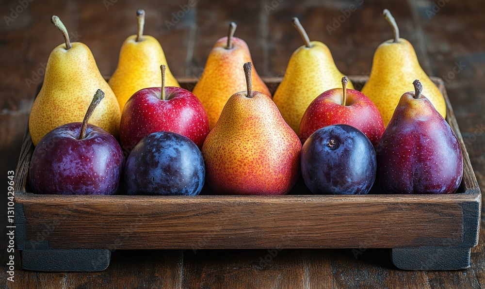 Poster fresh and colorful assorted fruits displayed in a wooden tray on a rustic table