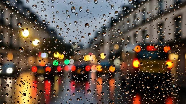 Paris night with Raindrops on Glass Reflecting City Lights at Night. suitable for stock footage video
