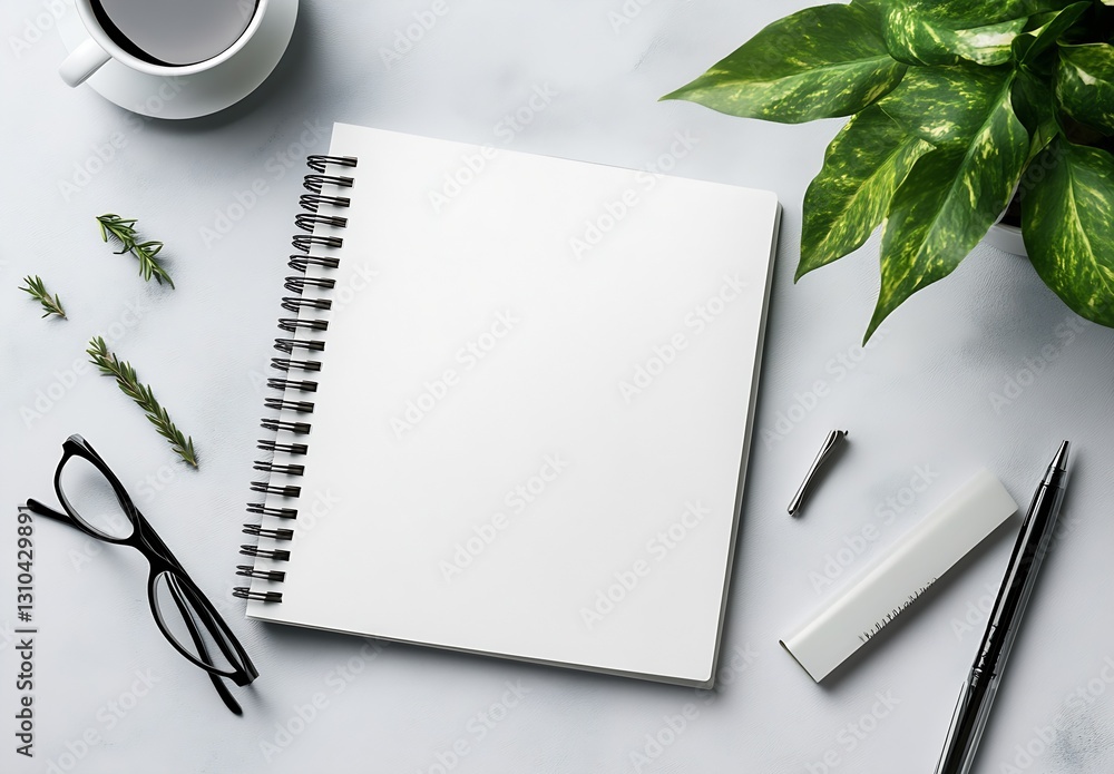 Aufkleber chic workspace with blank notebook stylish glasses and fresh plant arranged neatly on minimalist des