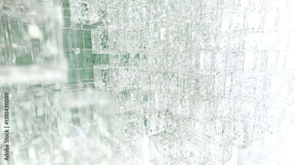 Poster abstract cubes form crystal-like geometric background with green accents, creating digital 3d render