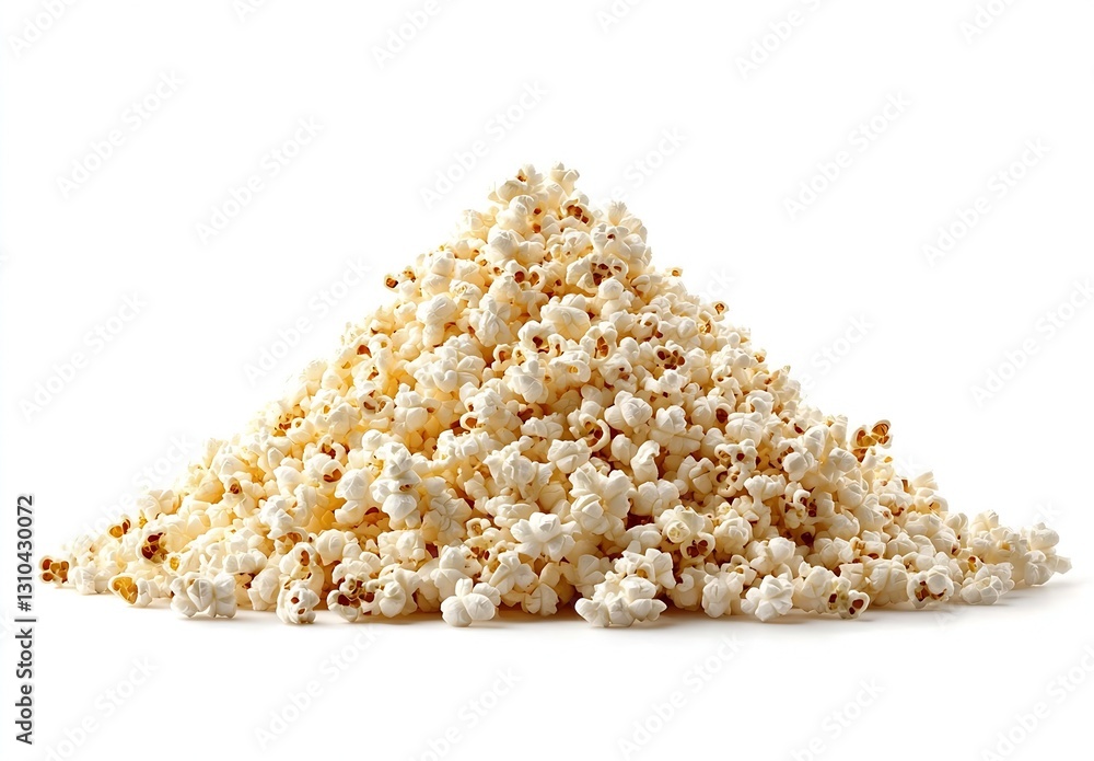 Poster fluffy white popcorn stacked high in a triangle shape on a clean white background enticing cinematic