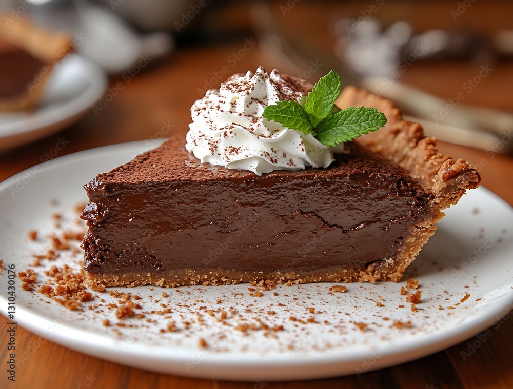 Poster gourmet chocolate pie slice topped with mint and whipped cream on a rustic plate : generative ai
