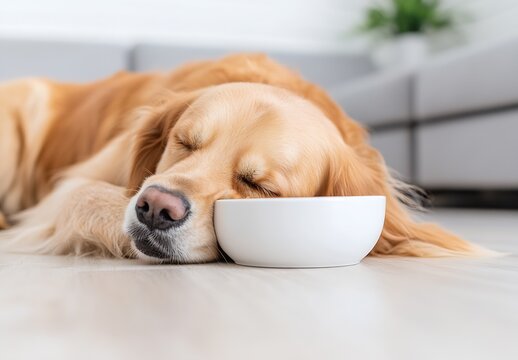 Golden retriever peacefully sleeping next to a white empty bowl in a stylish modern living area : Generative AI
