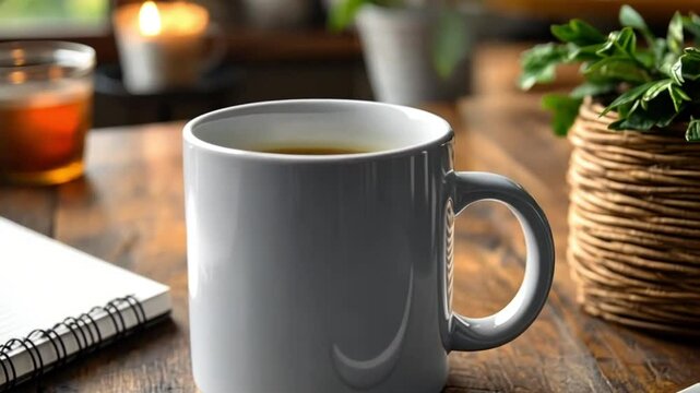 Blank mug on wooden table, cozy ambiance, warm lighting, office scene, use in mockups