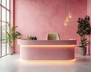 Pink reception desk in modern office
