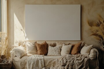 Beige couch with pillows and blanket, blank canvas on wall.